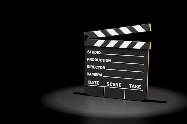 Clapper board isolated on black background 3d render