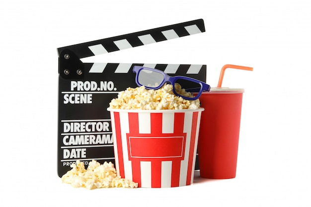 Clapperboard, bucket with popcorn, drink and 3d glasses isolated on white space