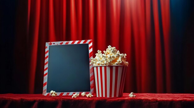 Photo clapperboard reel and popcorn bucket on table