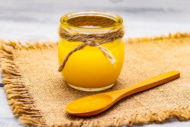 Clarified melted butter in a glass jar