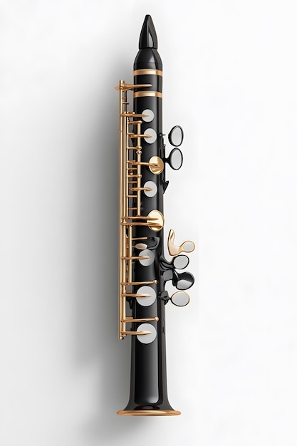 a clarinet with a gold handle and a black band