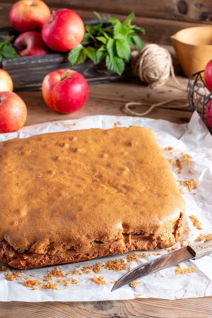 Clasic sponge cake selective focus Homemade pie on wooden background