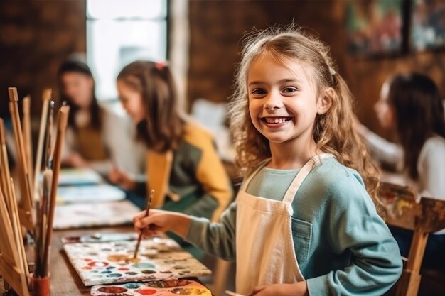 Class of elementary school student enjoying painting activity in classroom drawing and painting in the art with her friends