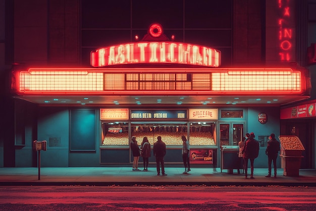 Photo classic 1970s movie theater with a marquee sign and popcorn stand