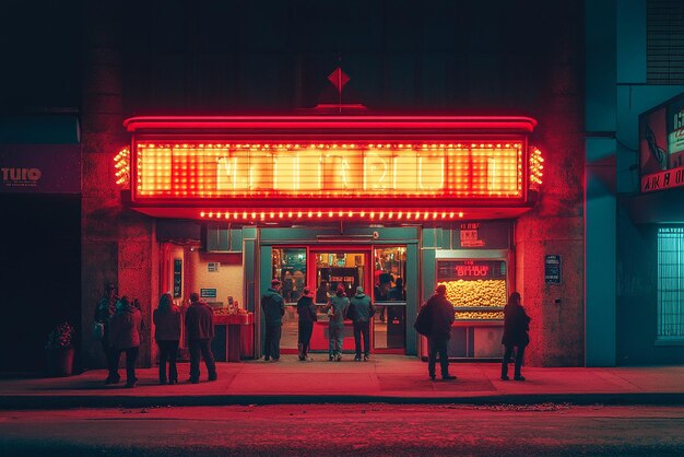 Photo classic 1970s movie theater with a marquee sign and popcorn stand