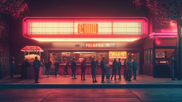 Photo classic 1970s movie theater with a marquee sign and popcorn stand