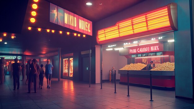 Photo classic 1970s movie theater with a marquee sign and popcorn stand