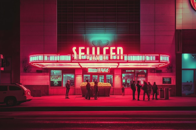 Photo classic 1970s movie theater with a marquee sign and popcorn stand