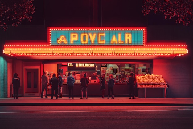 Photo classic 1970s movie theater with a marquee sign and popcorn stand