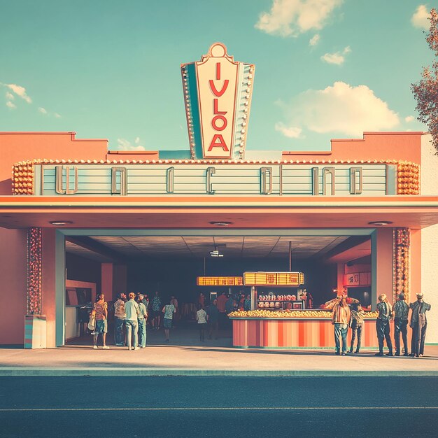 Photo classic 1970s movie theater with marquee sign