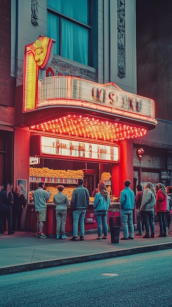 Photo classic 1970s movie theater with marquee sign