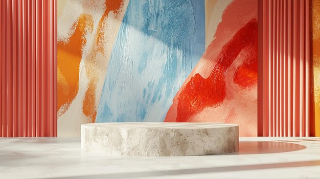 Photo a classic 3d podium with a textured stone surface surrounded by colorful abstract brushstrokes in a