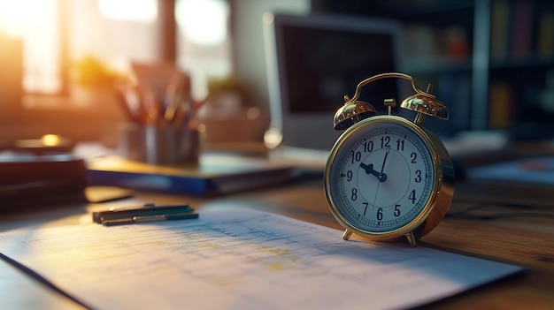 Classic alarm clock on a wooden desk in a cozy workspace illuminated by morning sunlight