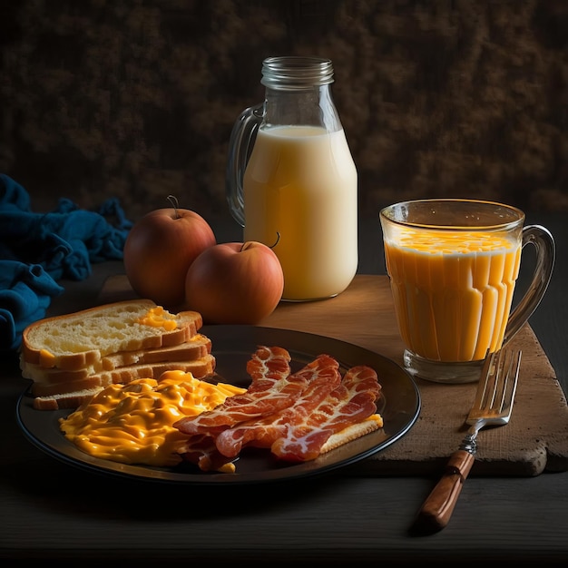 A classic American breakfast, scrambled eggs, bacon, toast, orange juice, food photography, gourmet