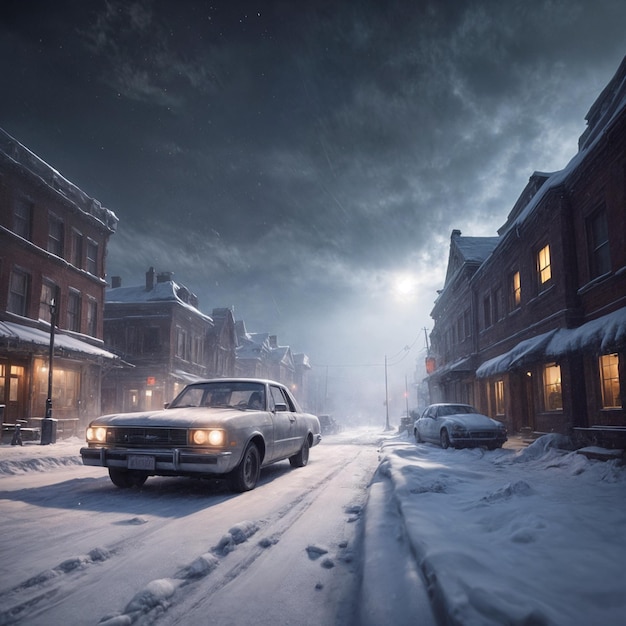 Classic american car driving on snowy road in small town at night