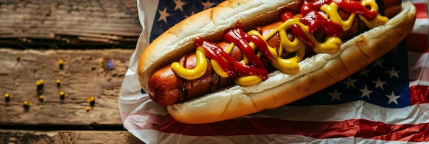 Classic American Hot Dog with Condiments Delicious hot dog with mustard and ketchup resting