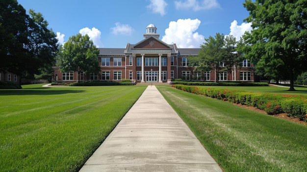 Classic American School Building Exterior in Suburban Neighborhood