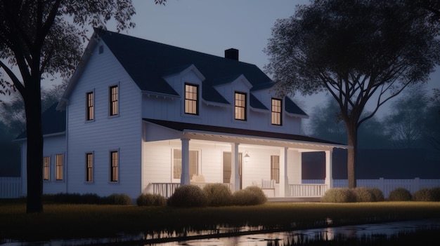 Classic american suburban modern farmhouse two story white siding walls dark shingle roof spacious p