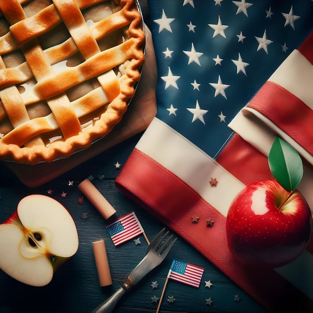 Classic Americana Photo Realistic American Flag and Apple Pie with Space for Text