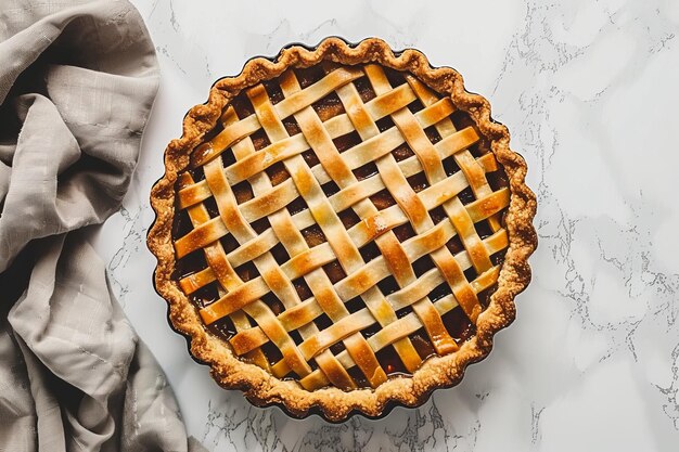 Photo classic apple pie with lattice crust on a marble surface showcasing a delicious and traditional hom