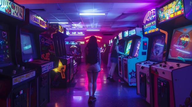 Photo classic arcade scene with glowing neon lights and vintage games