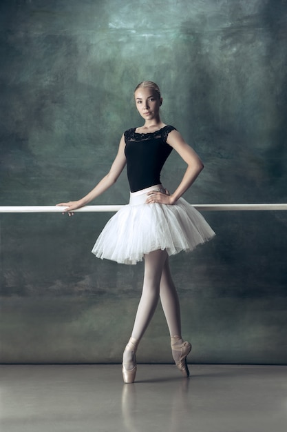 The classic ballerina posing at ballet barre