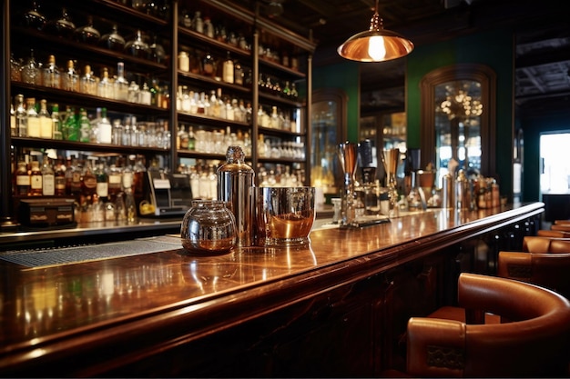 Classic bar counter with drinks on the background and wooden table