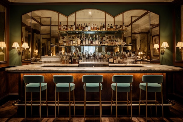 Classic bar counter with drinks on the background and wooden table