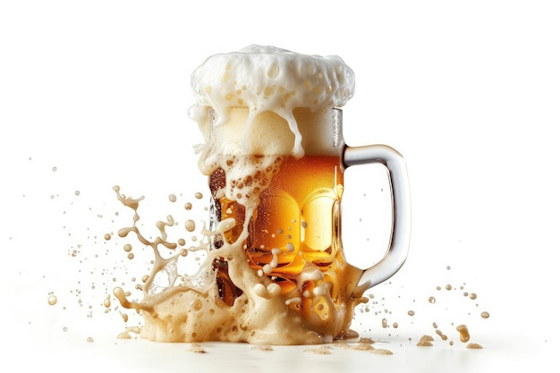 Classic Bavarian Beer Stein Brimming with Frothy Beer on a White Background