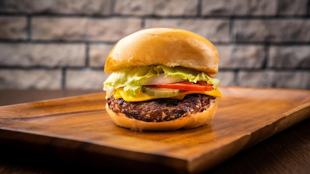 Classic beef burger include cheese tomato onion and patty isolated on wooden board side view on table fast food