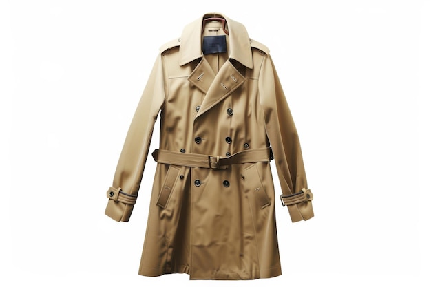 A classic beige trench coat hanging elegantly showcasing timeless fashion and versatility for all seasons in an urban backdrop