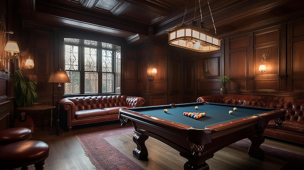 A classic billiard room with a mahogany table and leather chairs AI generated