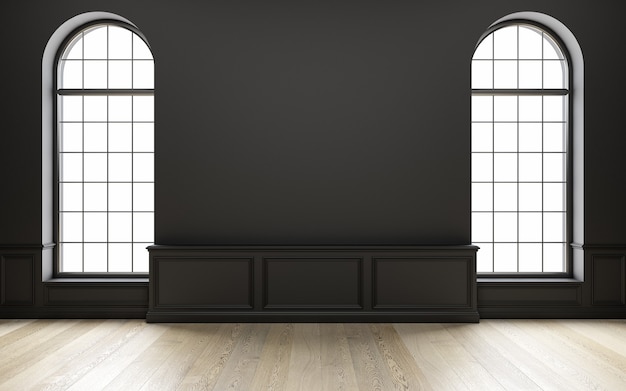 Classic black empty interior with wood floor and window d render illustration