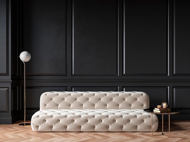 Classic black interior with capitone chester sofa mouldings wooden floor floor lamp coffee table