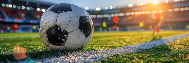 A classic black and white soccer ball is positioned on top of a vibrant wellmaintained green field The ball is stationary suggesting a moment of rest or preparation before gameplay