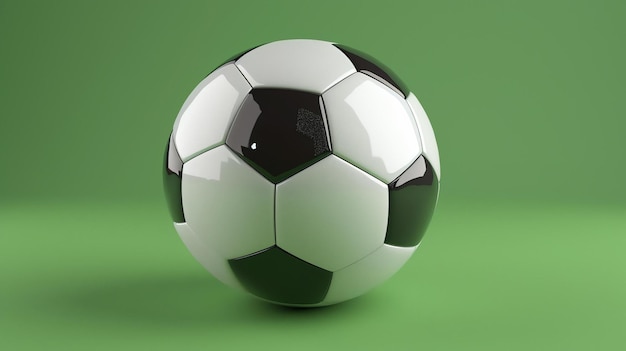 A classic black and white soccer ball sits on a green background