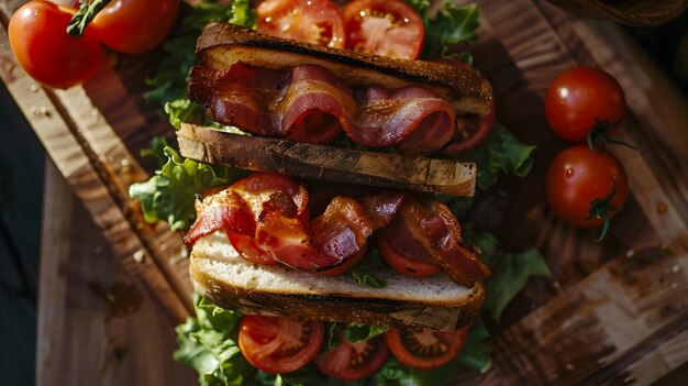 Photo classic blt sandwich with fresh tomatoes and crispy bacontopdown kitchen counter view in warm