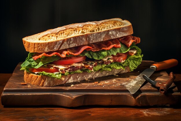 Photo classic blt sandwich on wooden platter