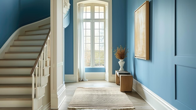 Classic blue hallway interior with tall window and wooden elements