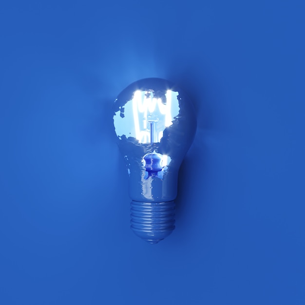 Classic Blue Light bulb Color Crack With Lighting glow on blue background. Minimal concept ideas. Top view. 3D Render.