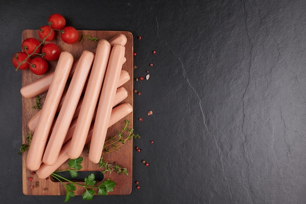 Classic boiled meat pork sausages on chopping board with pepper and basil, parsley, thyme and cherry tomatoes. snack for kid. black background. Sausages with spices and herbs, Selective focus.