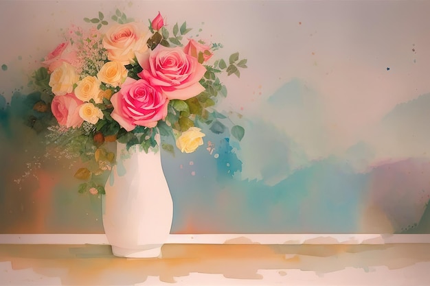 Classic bouquet of flowers in a glass vase still life imitation watercolor painting Generative AI