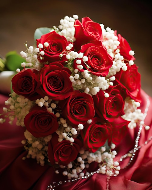 A classic bouquet of velvety red roses intermingled with sprays of white baby's breath