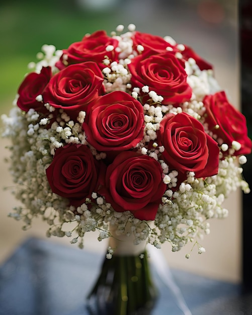 A classic bouquet of velvety red roses intermingled with sprays of white baby's breath