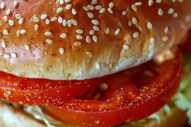 the Classic Burger Appetizing Image of Sesame Seed Bun Hamburger with Juicy Tomato Slices