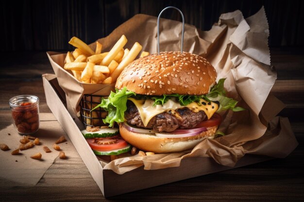 Classic burger with all the fixings and french fries in paper cone created with generative ai