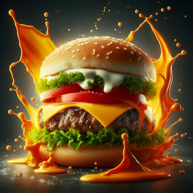 Photo classic burger with melted american cheese lettuce and tomato surrounded by a sauce splash