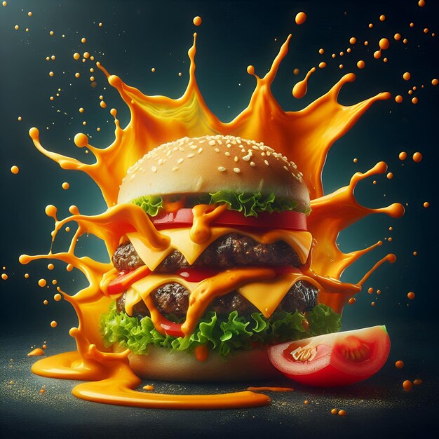 Photo classic burger with melted american cheese lettuce and tomato surrounded by a sauce splash