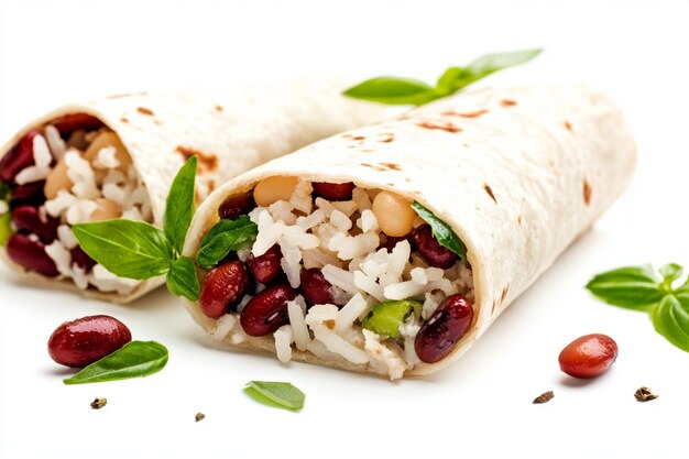 Photo classic burrito with beans and rice on a white background