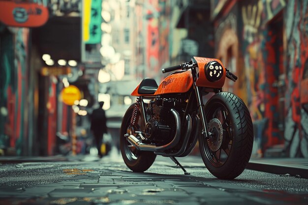 A classic cafe racer bike in a bustling urban str